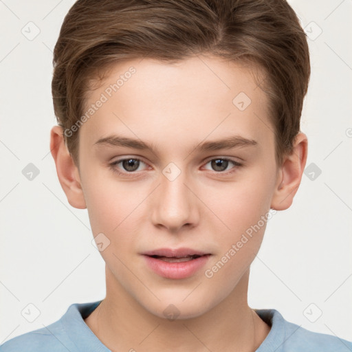 Joyful white child male with short  brown hair and brown eyes