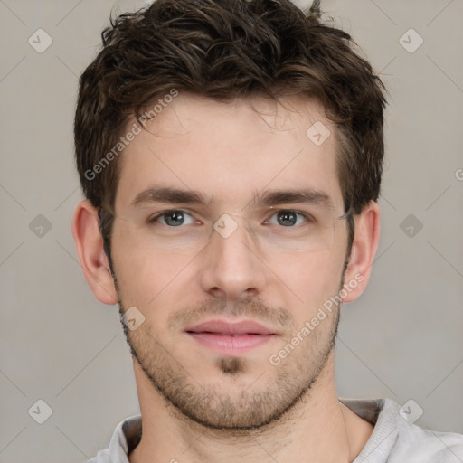 Neutral white young-adult male with short  brown hair and brown eyes