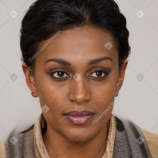 Joyful black young-adult female with short  brown hair and brown eyes