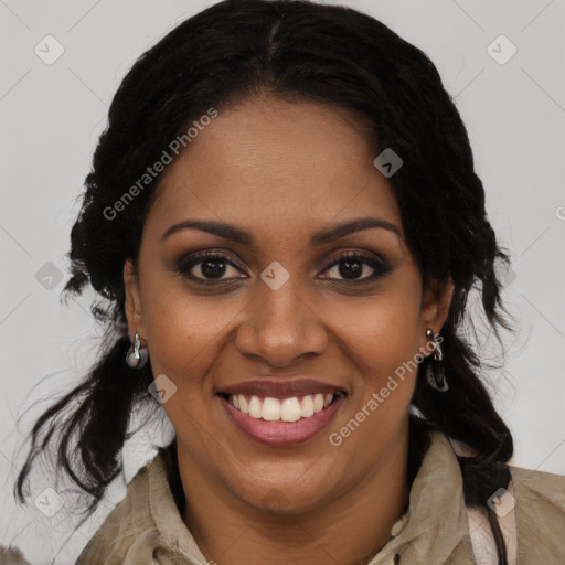 Joyful black young-adult female with long  brown hair and brown eyes