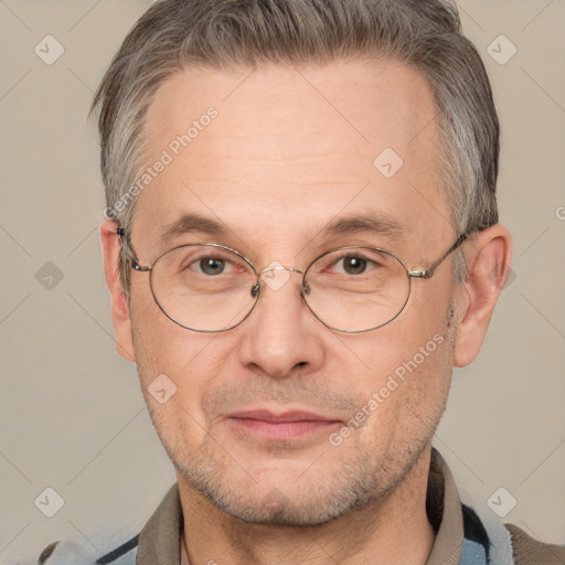 Neutral white adult male with short  brown hair and brown eyes