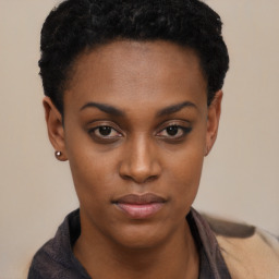 Neutral black young-adult female with short  black hair and brown eyes