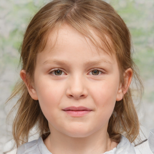 Neutral white child female with medium  brown hair and blue eyes