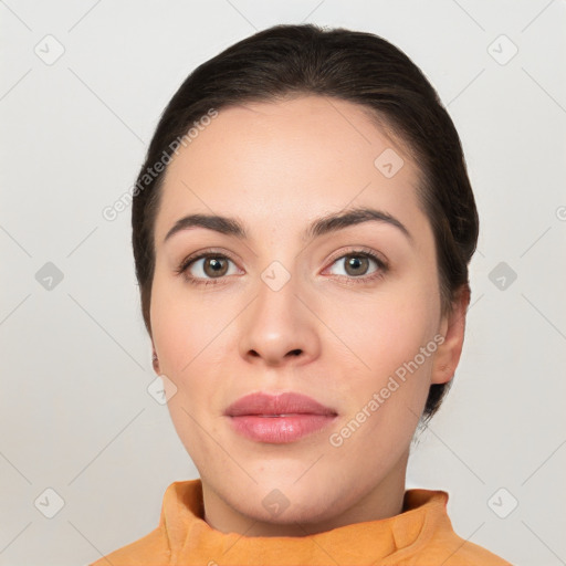 Neutral white young-adult female with short  brown hair and brown eyes