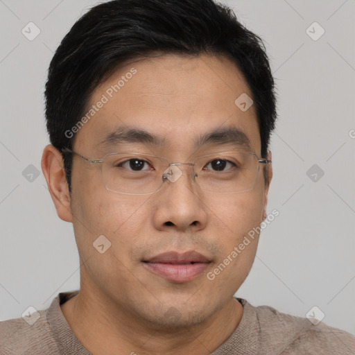 Joyful asian young-adult male with short  brown hair and brown eyes