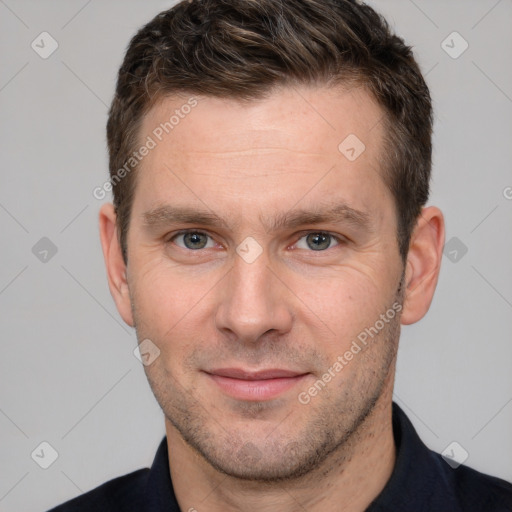 Neutral white adult male with short  brown hair and brown eyes