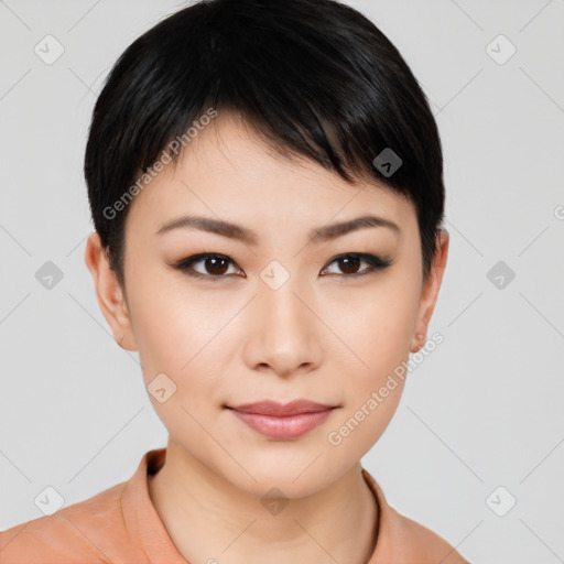 Joyful asian young-adult female with short  brown hair and brown eyes