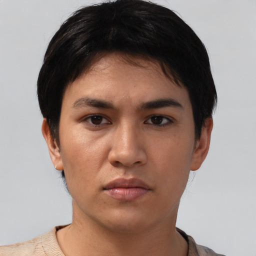 Neutral asian young-adult female with short  black hair and brown eyes