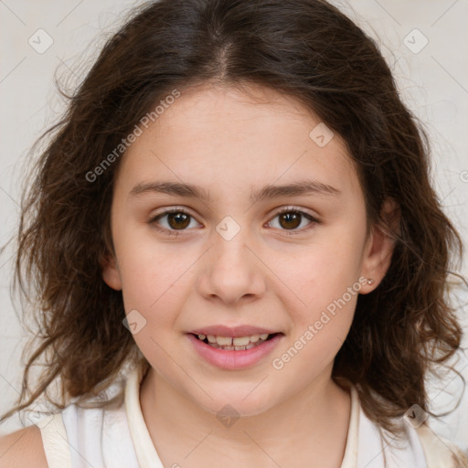 Joyful white child female with medium  brown hair and brown eyes