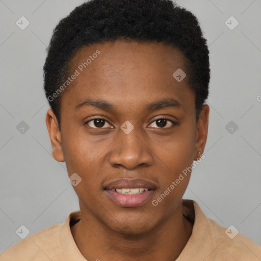 Joyful black young-adult male with short  brown hair and brown eyes
