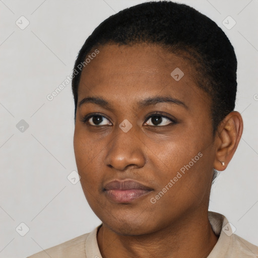 Neutral black young-adult female with short  black hair and brown eyes