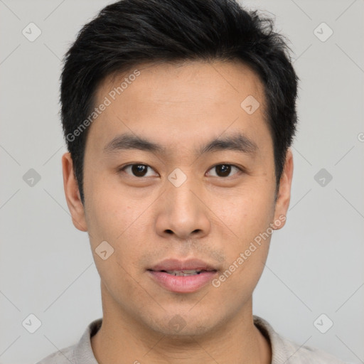 Neutral asian young-adult male with short  brown hair and brown eyes