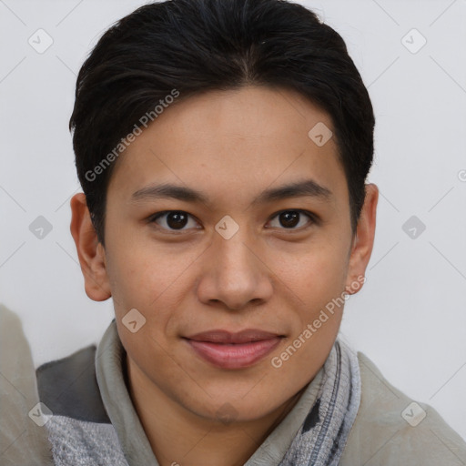 Joyful asian young-adult female with short  brown hair and brown eyes