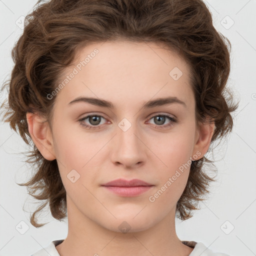 Neutral white young-adult female with medium  brown hair and brown eyes