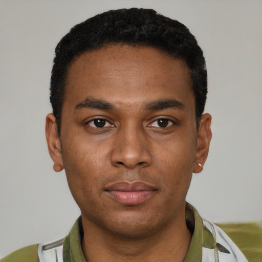 Neutral black young-adult male with short  black hair and brown eyes