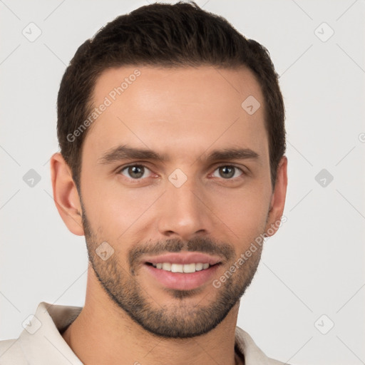 Joyful white young-adult male with short  brown hair and brown eyes