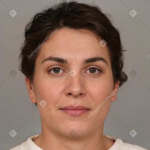 Joyful white adult female with short  brown hair and brown eyes