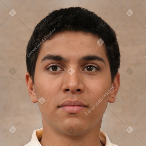 Neutral latino young-adult male with short  black hair and brown eyes