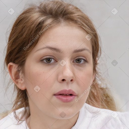 Neutral white young-adult female with medium  brown hair and blue eyes