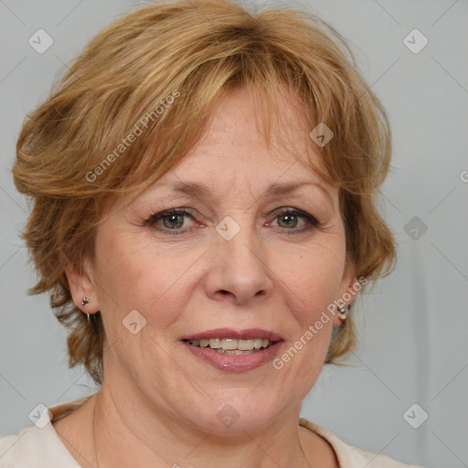 Joyful white adult female with medium  brown hair and blue eyes