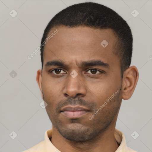 Neutral latino young-adult male with short  black hair and brown eyes
