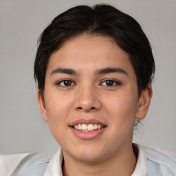 Joyful white young-adult male with medium  brown hair and brown eyes