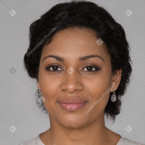 Joyful black young-adult female with medium  black hair and brown eyes