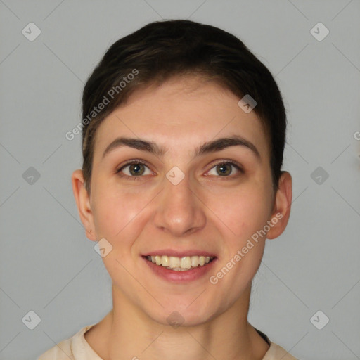 Joyful white young-adult female with short  brown hair and brown eyes