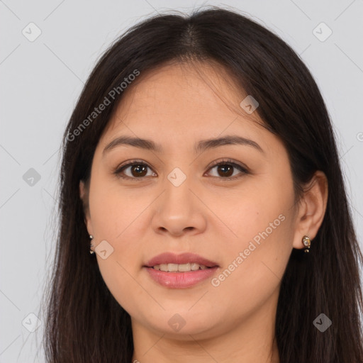 Joyful white young-adult female with long  brown hair and brown eyes