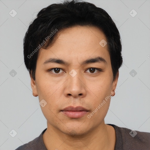 Neutral asian young-adult male with short  black hair and brown eyes