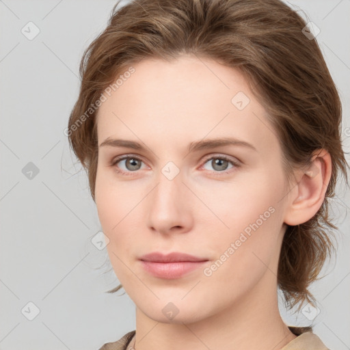 Neutral white young-adult female with medium  brown hair and grey eyes