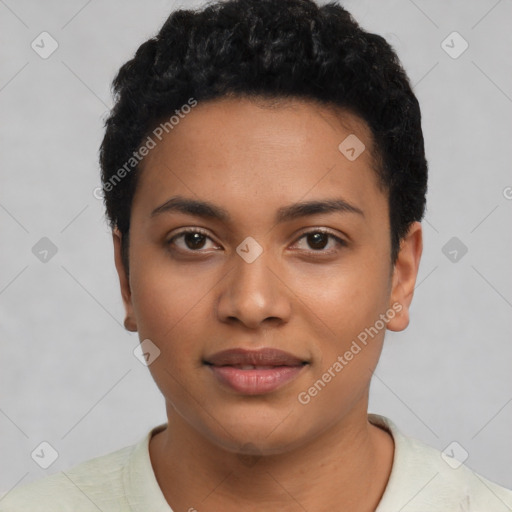 Joyful latino young-adult female with short  black hair and brown eyes