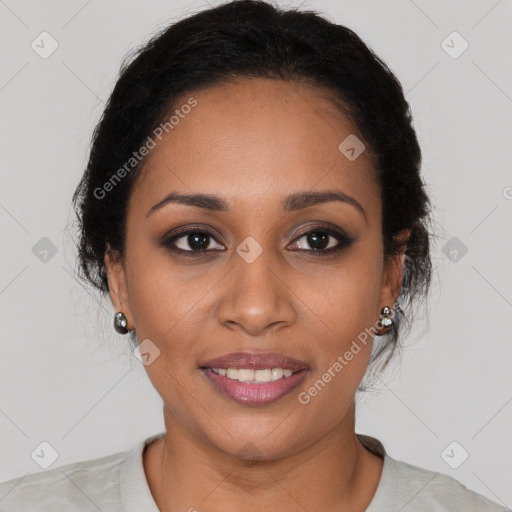 Joyful latino young-adult female with short  black hair and brown eyes