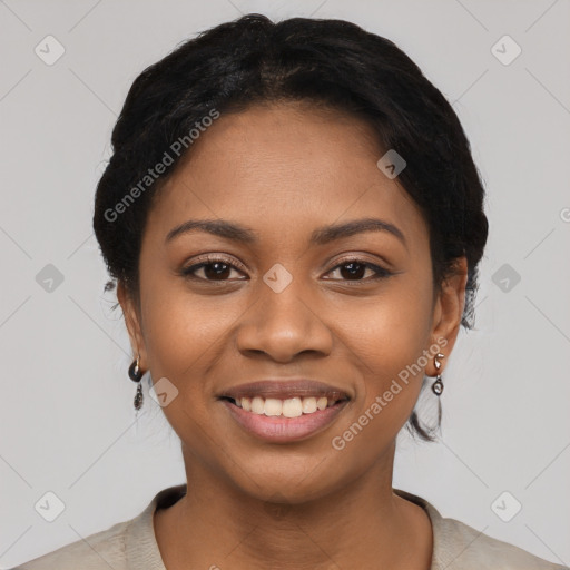 Joyful latino young-adult female with short  black hair and brown eyes