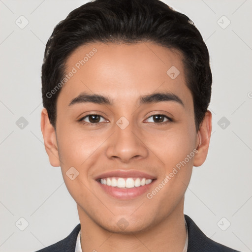 Joyful white young-adult male with short  black hair and brown eyes