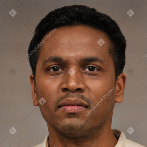 Neutral latino young-adult male with short  black hair and brown eyes
