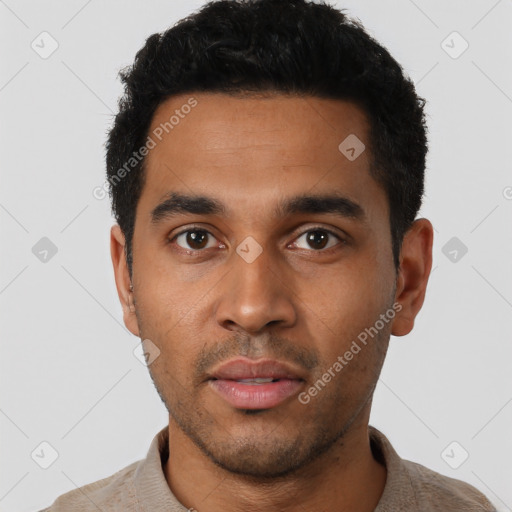 Neutral latino young-adult male with short  black hair and brown eyes