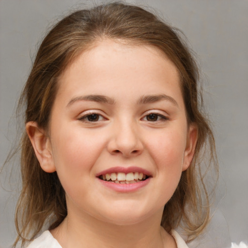 Joyful white child female with medium  brown hair and brown eyes