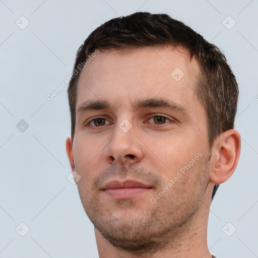 Neutral white young-adult male with short  brown hair and brown eyes