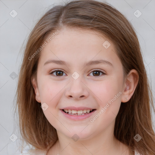 Joyful white child female with medium  brown hair and brown eyes