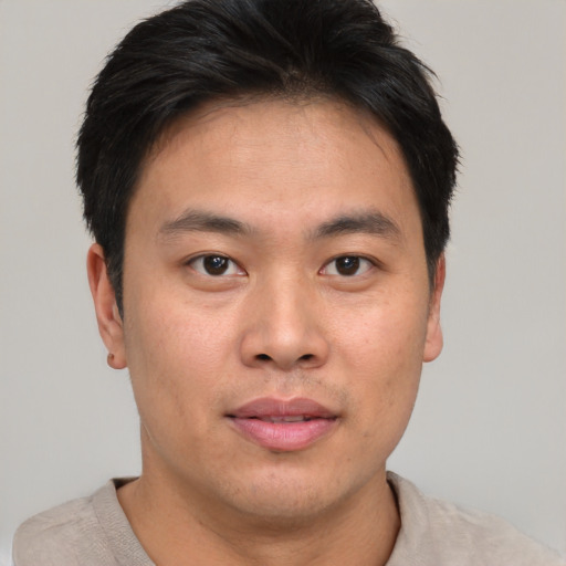 Neutral asian young-adult male with short  brown hair and brown eyes