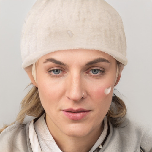 Joyful white young-adult female with medium  brown hair and blue eyes