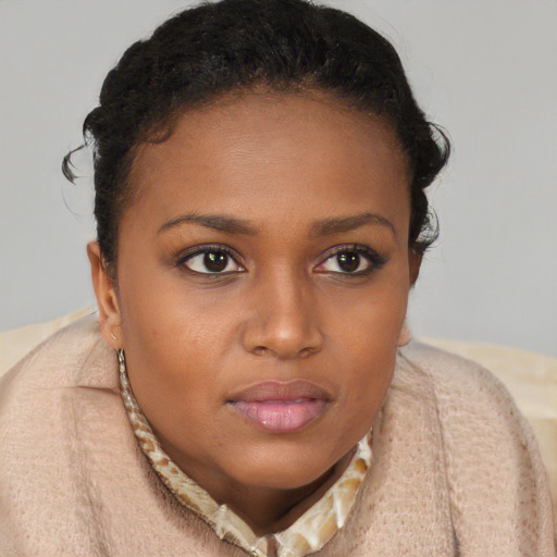 Joyful black young-adult female with short  brown hair and brown eyes
