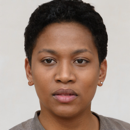 Neutral black young-adult female with short  black hair and brown eyes