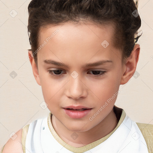 Joyful white child female with short  brown hair and brown eyes