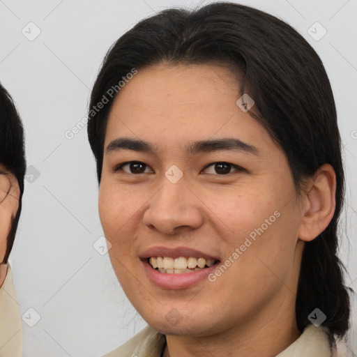 Joyful white young-adult female with medium  brown hair and brown eyes