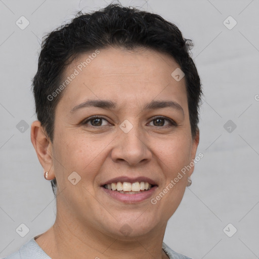 Joyful white adult female with short  brown hair and brown eyes