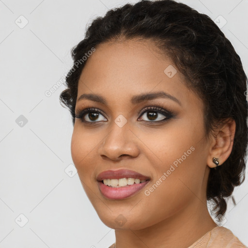 Joyful latino young-adult female with long  brown hair and brown eyes