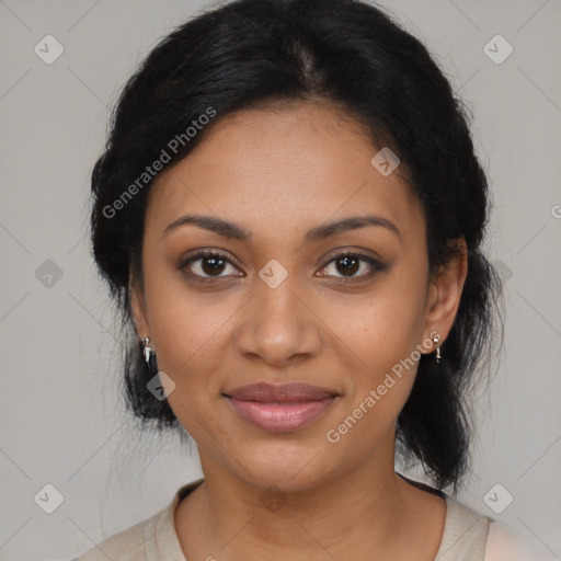 Joyful black young-adult female with medium  black hair and brown eyes