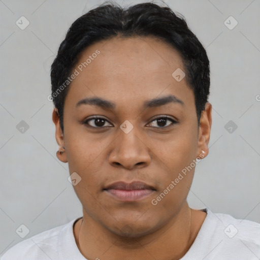Neutral latino young-adult female with short  black hair and brown eyes